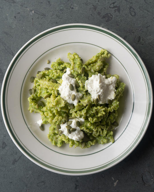 Zucchini & Sweet Pea Pesto Mafaldine